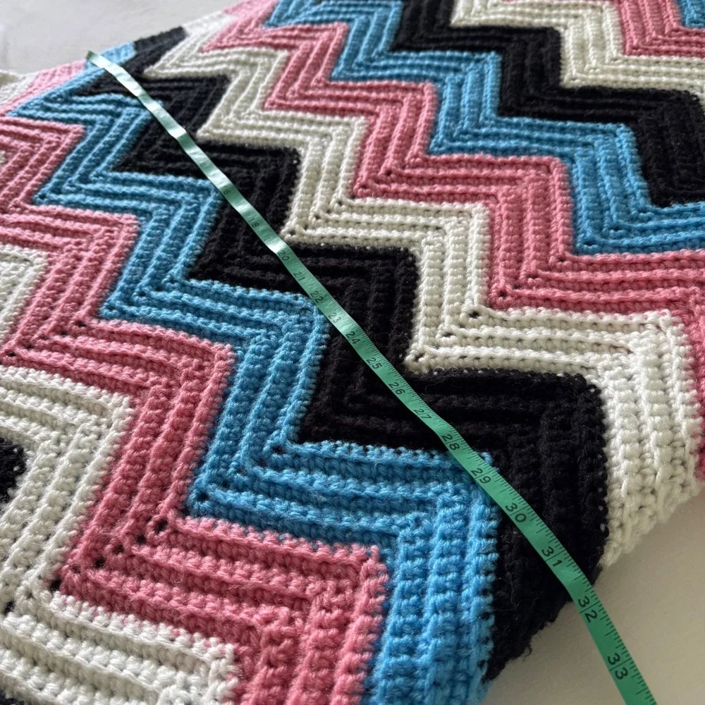 Handmade Crochet Afghan Blanket Chevron Ripple Pink Blue Black 80x132 Throw XL